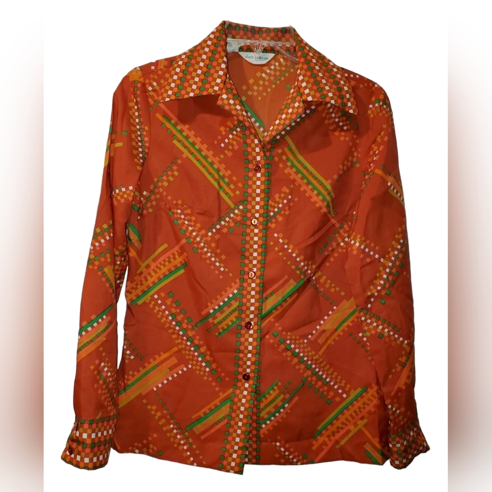 Vintage 1970's Alex Colman California Burnt Orange‎ Geometric Blouse Size S
